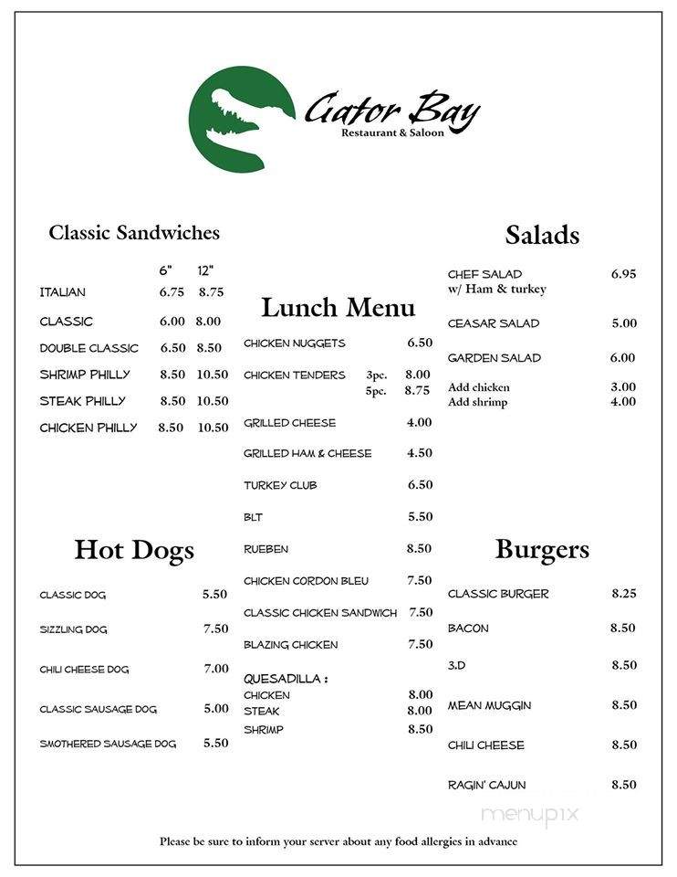 Gator Bay Restaurant and Saloon - Sneads Ferry, NC menu_pic