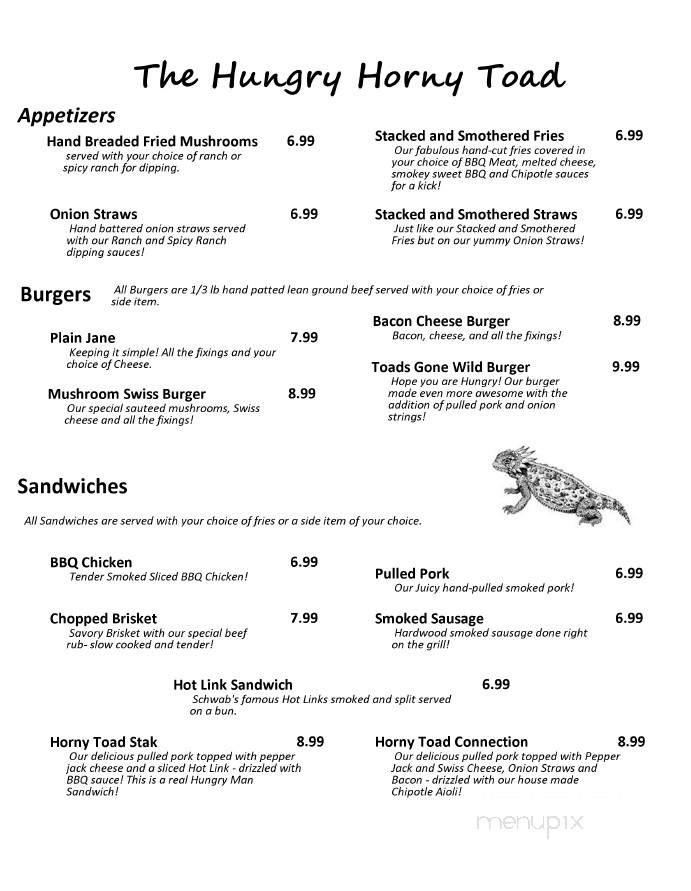 The Hungry Horny Toad - Chandler, OK menu_pic