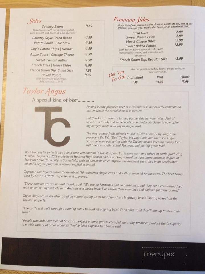 Savor Grill & BBQ - Houston, MO menu_pic