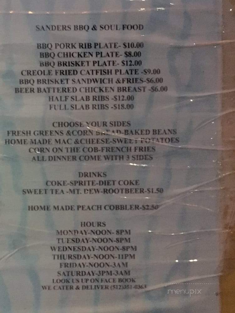 Sander's BBQ and Soul Food - San Marcos, TX menu_pic