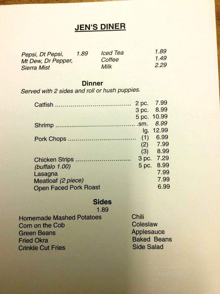 Menu of Jen's Diner in Poplar Bluff, MO 63901