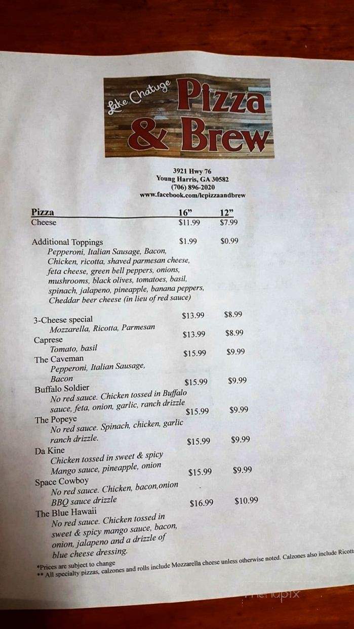 Lake Chatuge Pizza and Brew - Young Harris, GA menu_pic
