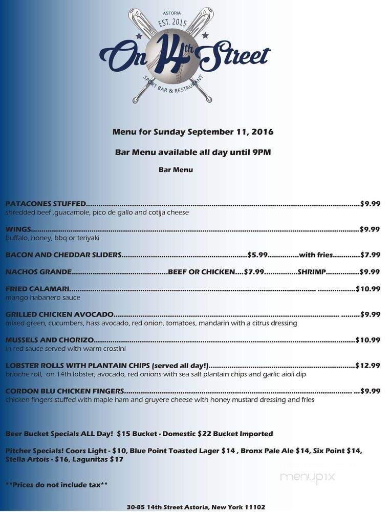On 14th Street Bar and Restaurant - Astoria, NY menu_pic