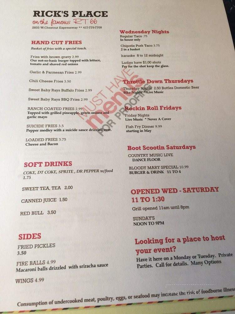 Rick's Place - Springfield, MO menu_pic