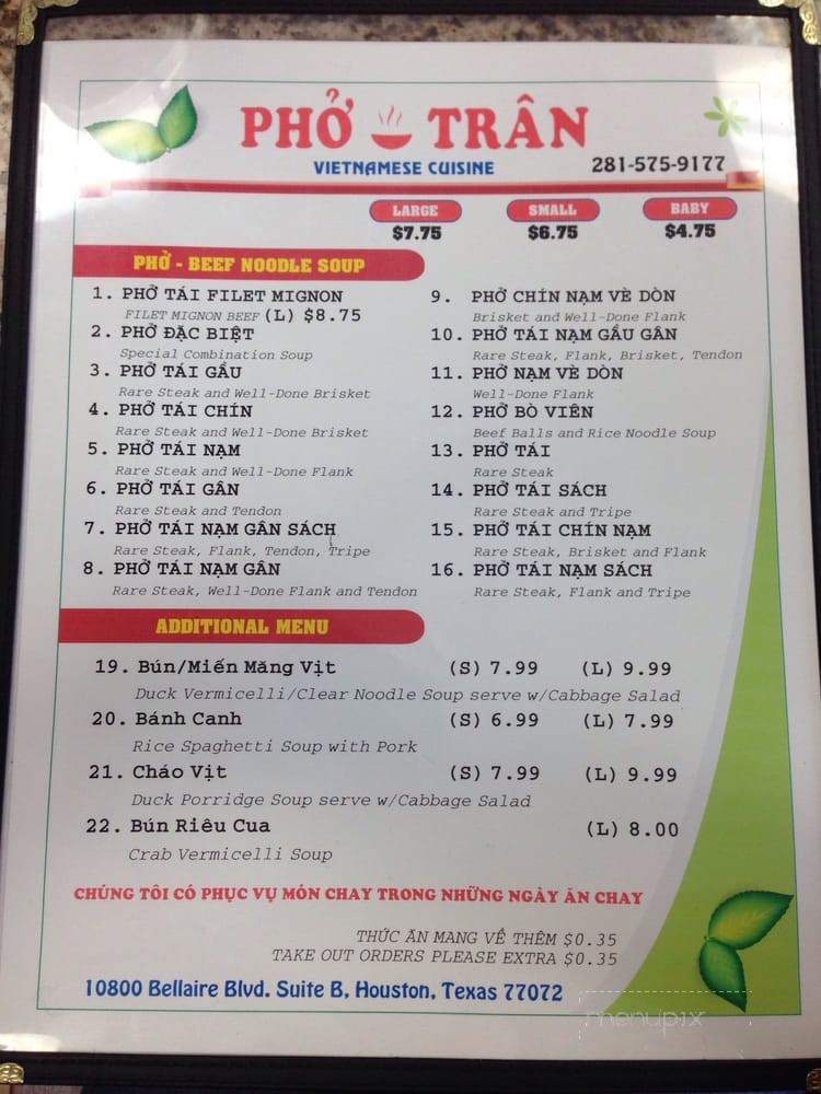Pho Tran - Houston, TX menu_pic
