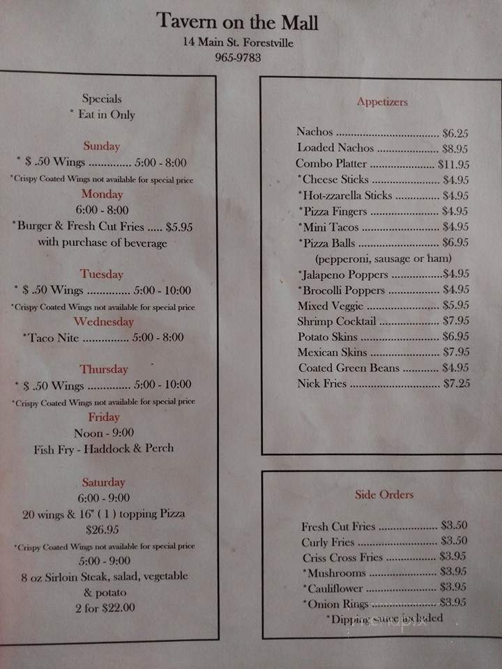 Tavern On The Mall - Forestville, NY menu_pic