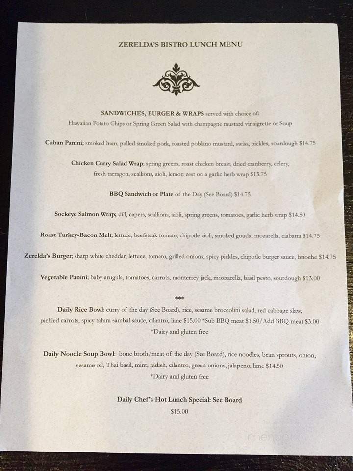 Zerelda's Bistro - Juneau, AK menu_pic
