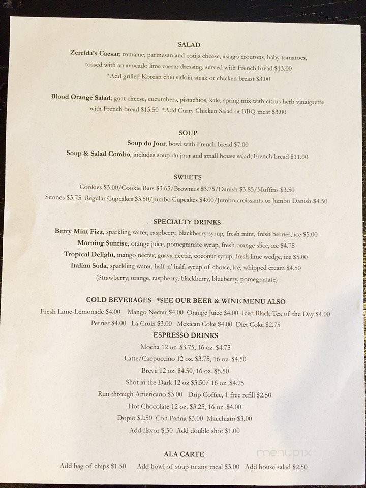 Zerelda's Bistro - Juneau, AK menu_pic