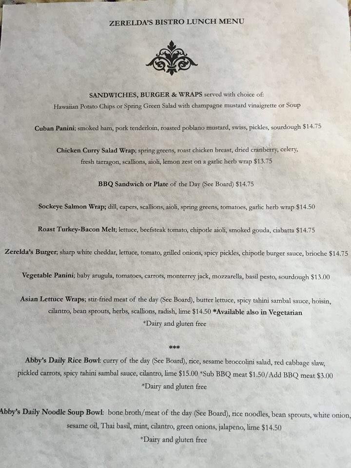 Zerelda's Bistro - Juneau, AK menu_pic