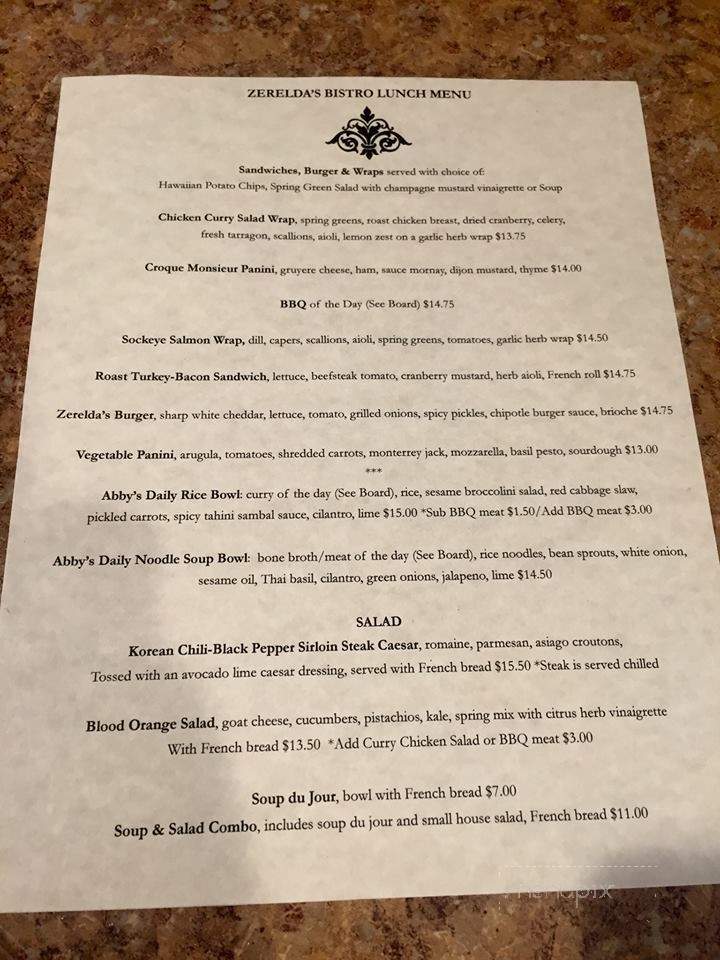 Zerelda's Bistro - Juneau, AK menu_pic