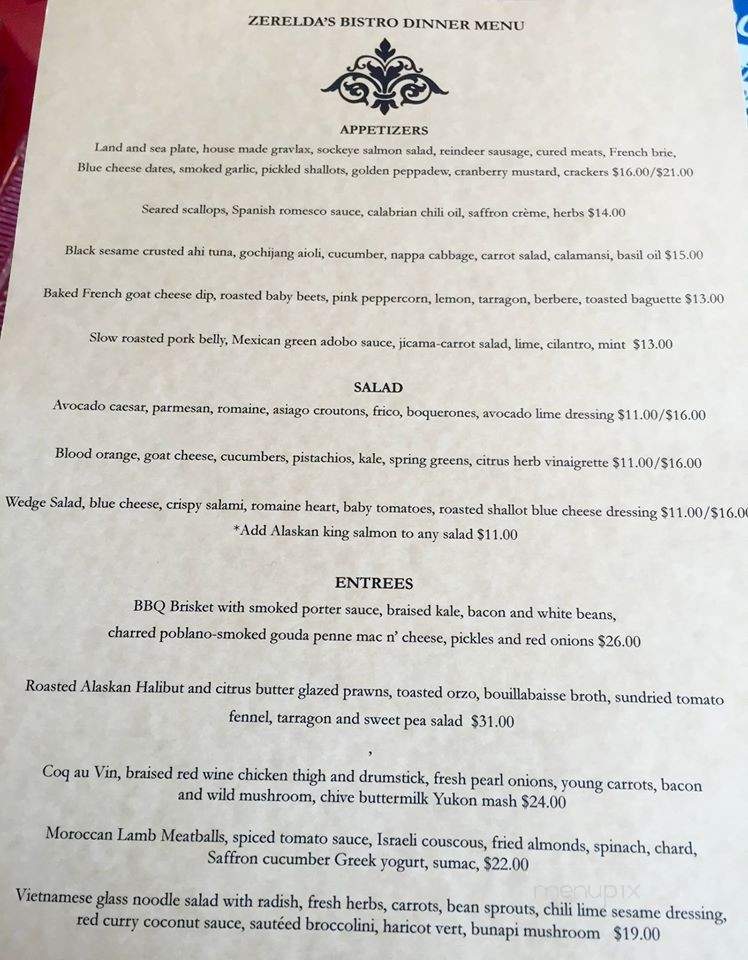 Zerelda's Bistro - Juneau, AK menu_pic