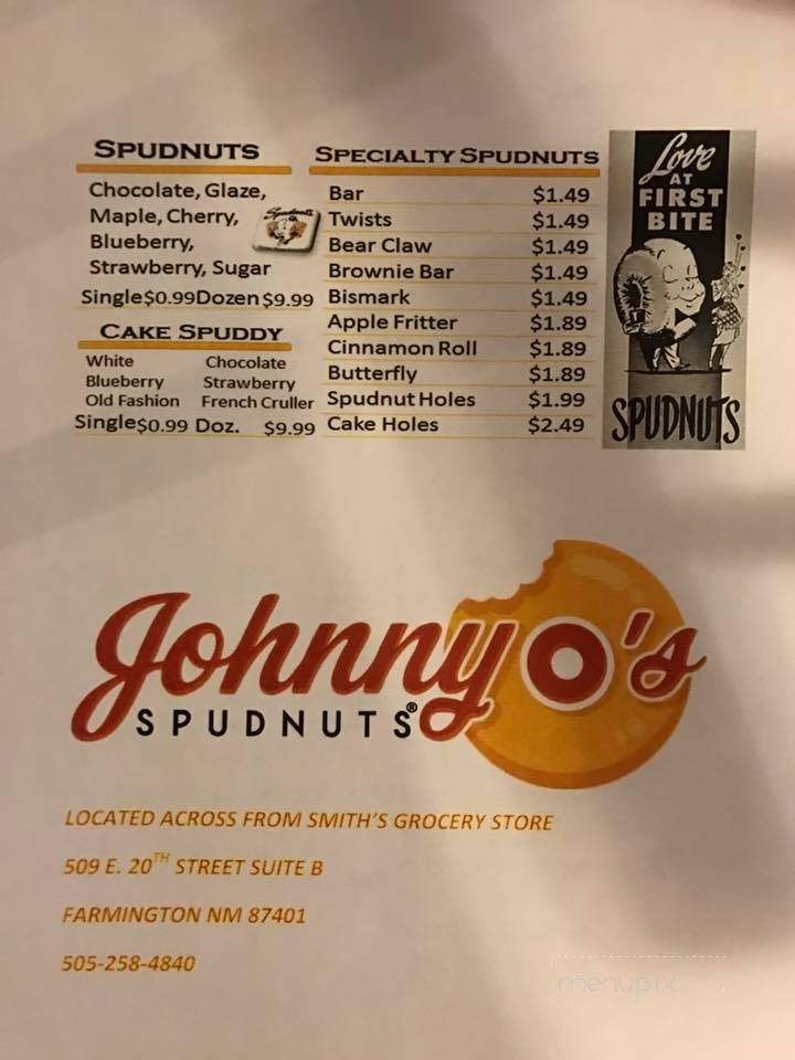 Menu Of Johnny O S Spudnut In Farmington Nm 87401