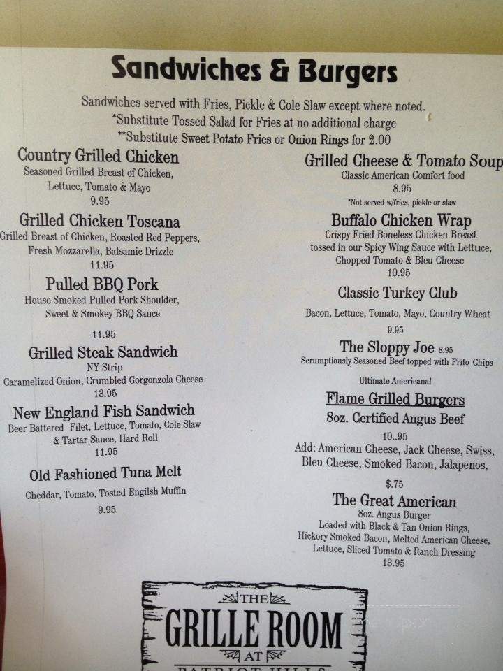 The Grill Room at Patriot Hills - Stony Point, NY menu_pic