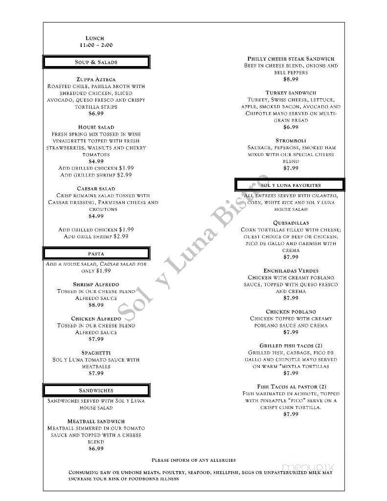 Sol Y Luna Bistro - San Antonio, TX menu_pic