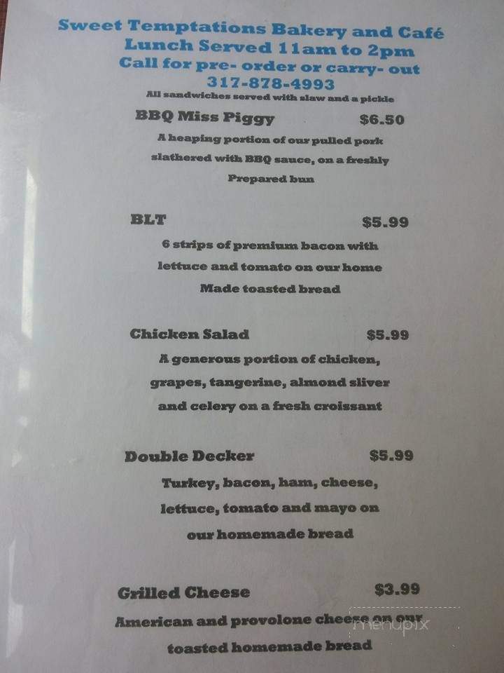 Sweet Temptations Bakery & Cafe - Trafalgar, IN menu_pic