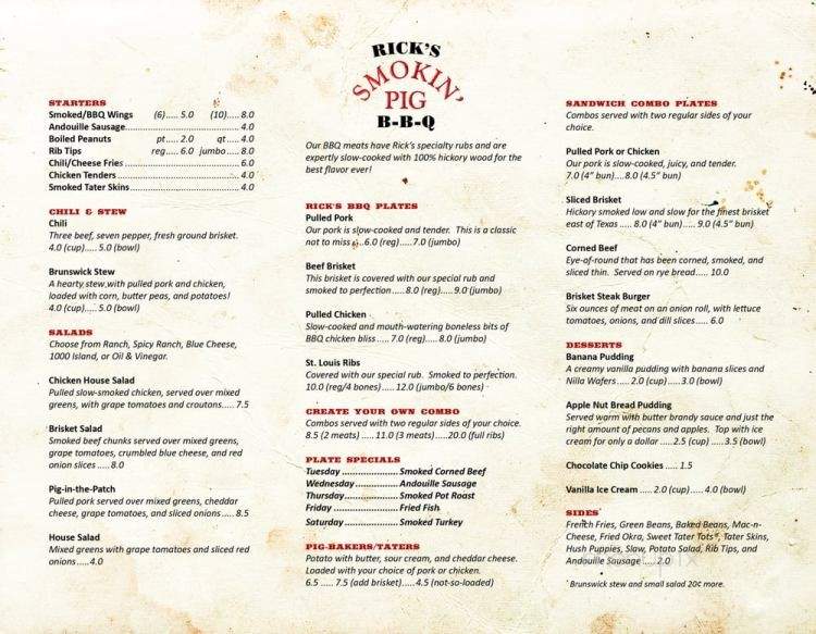 Rick's Smokin' Pig - Gainesville, GA menu_pic