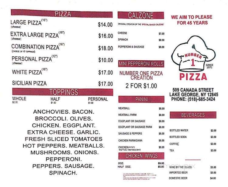 Menu of Number One Pizza in Lake George, NY 12845