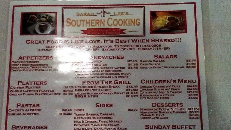 Sarah Lee's Southern Cooking - Millington, TN menu_pic