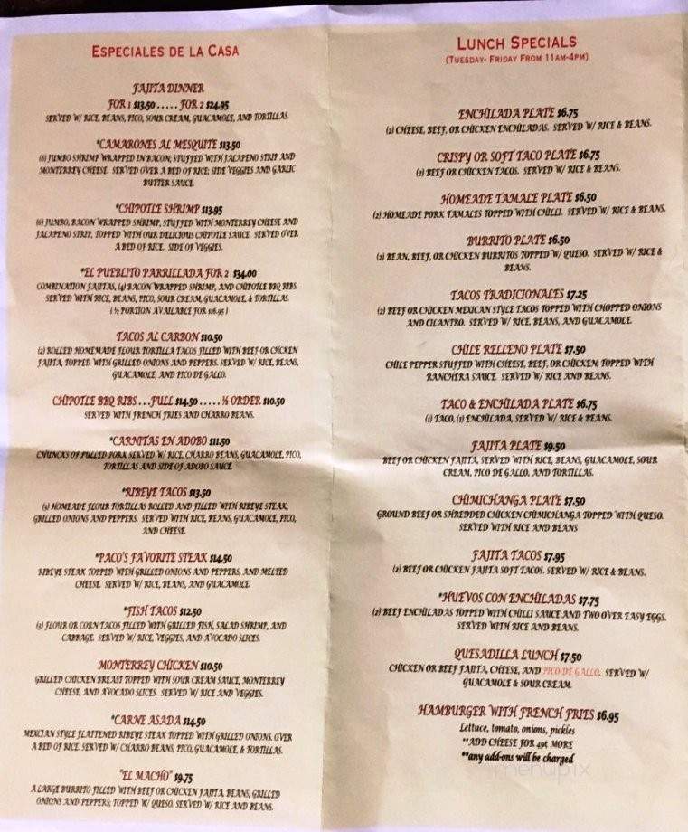 El Cerrito Mexican Bar and Grill - Lakeside, TX menu_pic