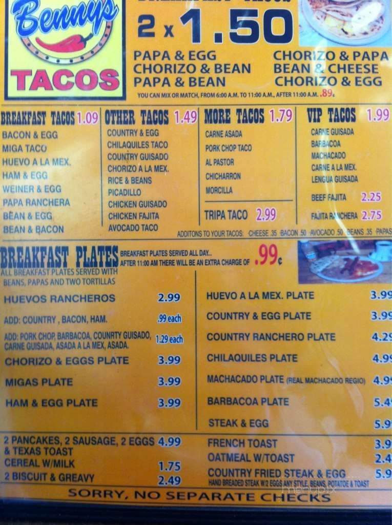 Benny's Taco's - San Antonio, TX menu_pic