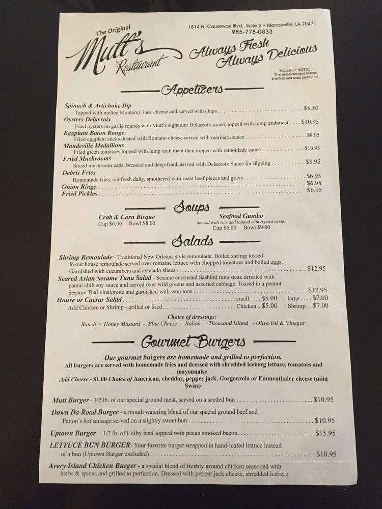 The Original Mutt's Restaurant - Mandeville, LA menu_pic