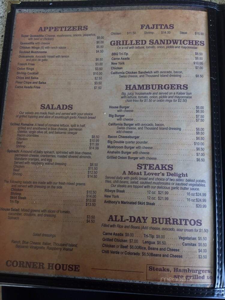 Corner House Restaurant - Soledad, CA menu_pic