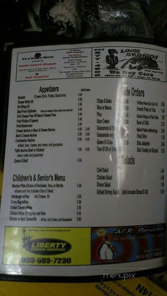 Menu of Tio's Backporch Restaurant in Winona, TX 75792