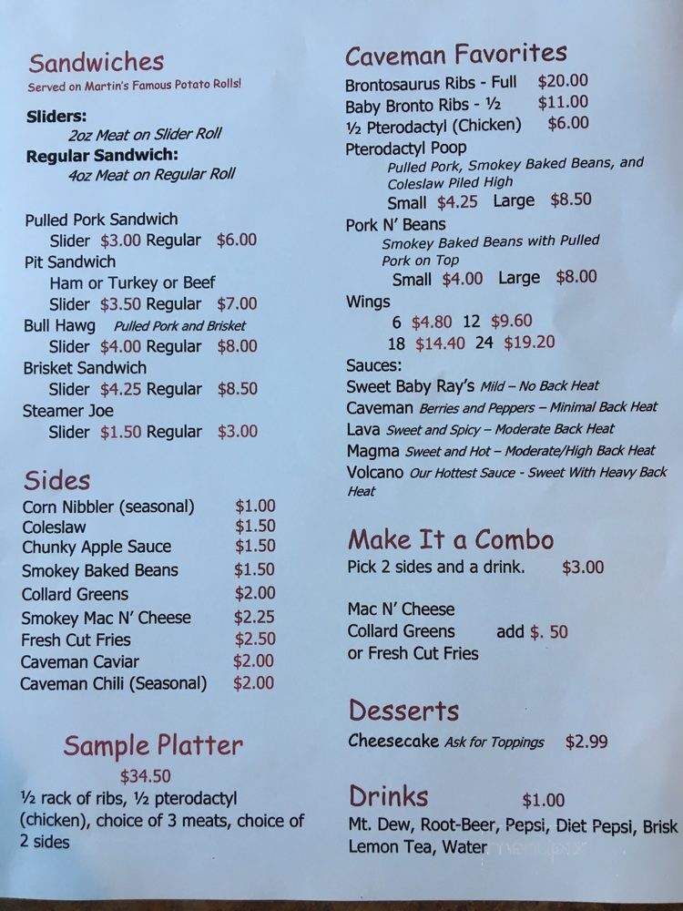 Caveman BBQ - Waynesboro, PA menu_pic