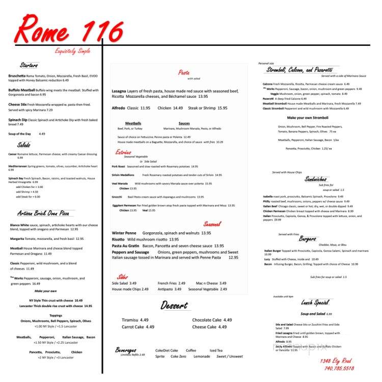 Rome 116 - Lancaster, OH menu_pic