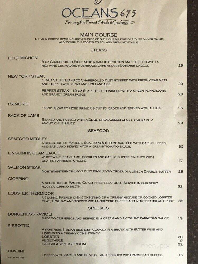 Online Menu of Oceans 675, Crescent City, CA