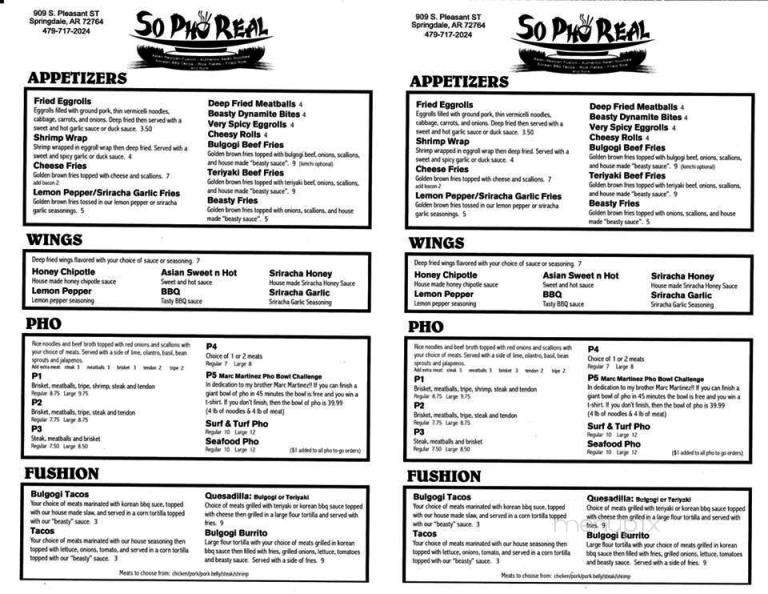 So Pho Real - Springdale, AR menu_pic