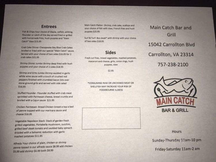 Main Catch Bar & Grill - Carrollton, VA menu_pic