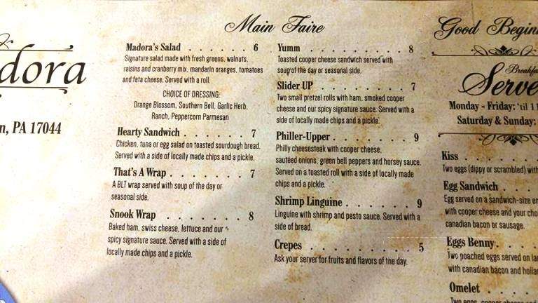 Cafe Madora - Lewistown, PA menu_pic