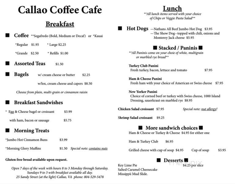 Callao Coffee Cafe - Callao, VA menu_pic