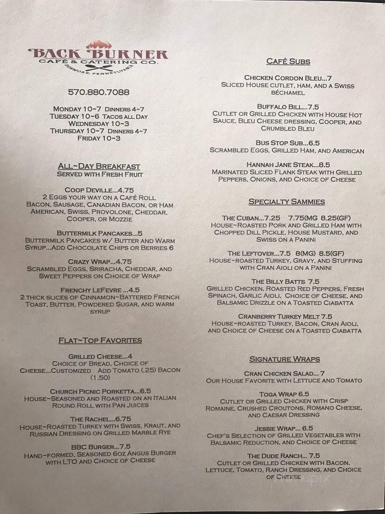Back Burner Cafe & Catering - Dunmore, PA menu_pic