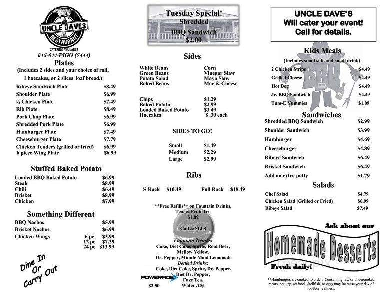 Uncle Dave's BBQ - Westmoreland, TN menu_pic