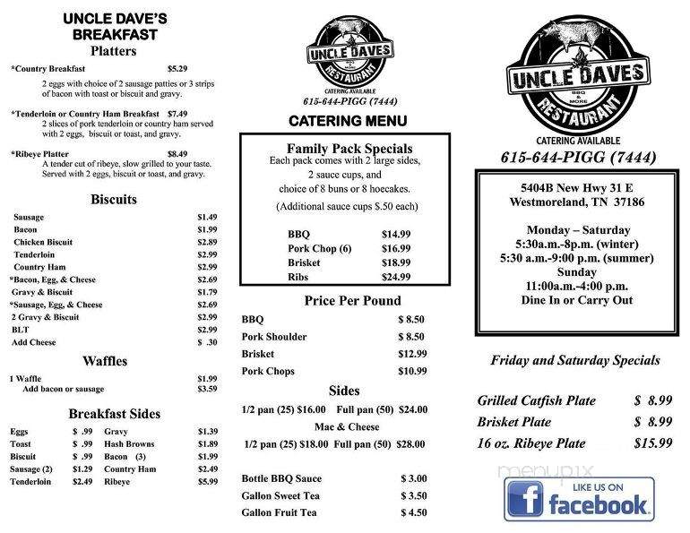 Uncle Dave's BBQ - Westmoreland, TN menu_pic