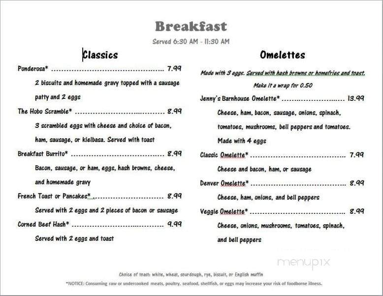 Jenny's Barnhouse - Roy, WA menu_pic