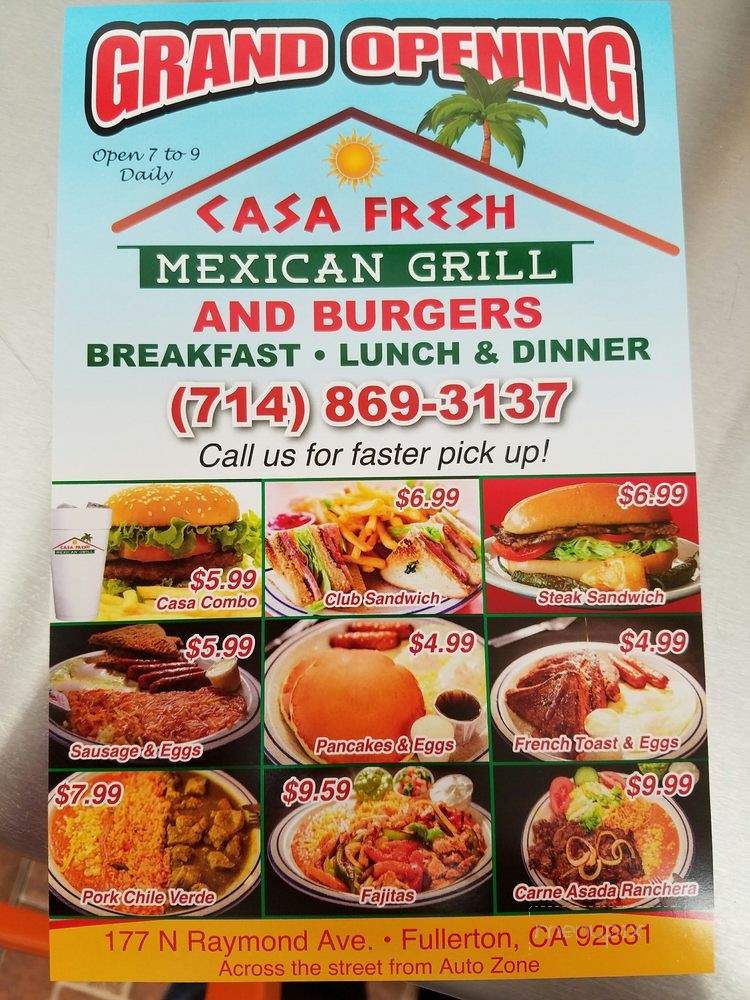 Casa Fresh Mexican Grill - Fullerton, CA menu_pic