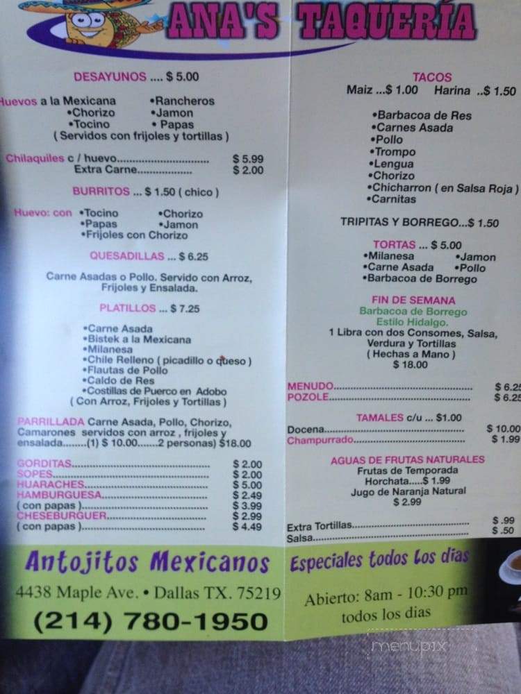 Ana's Taquer - Dallas, TX menu_pic