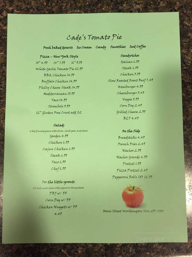 Cade's Tomato Pie - Worthington, PA menu_pic