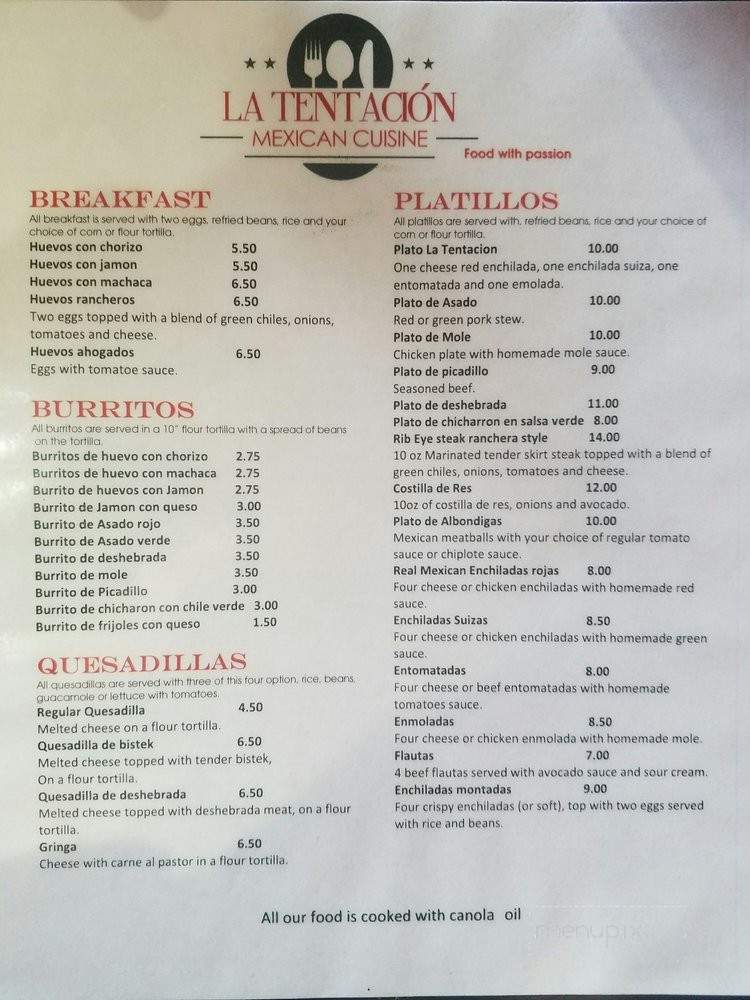 La Tentacion - El Paso, TX menu_pic