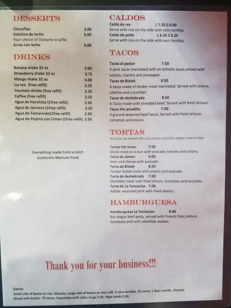 La Tentacion - El Paso, TX menu_pic