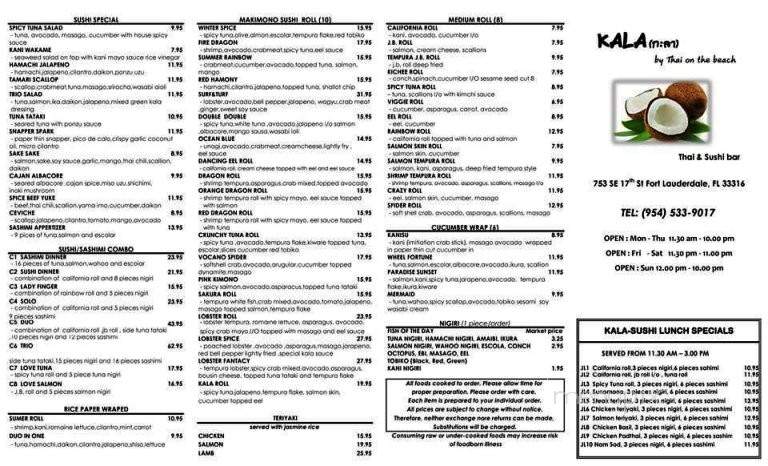 Kala by Thai on the beach - Fort Lauderdale, FL menu_pic