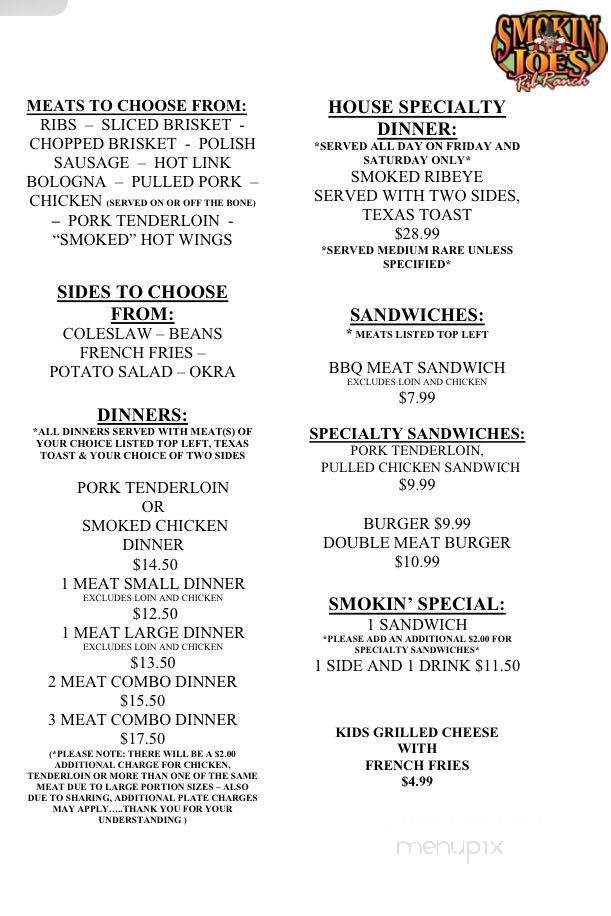 Smokin' Joe's Rib Ranch - Rush Springs, OK menu_pic