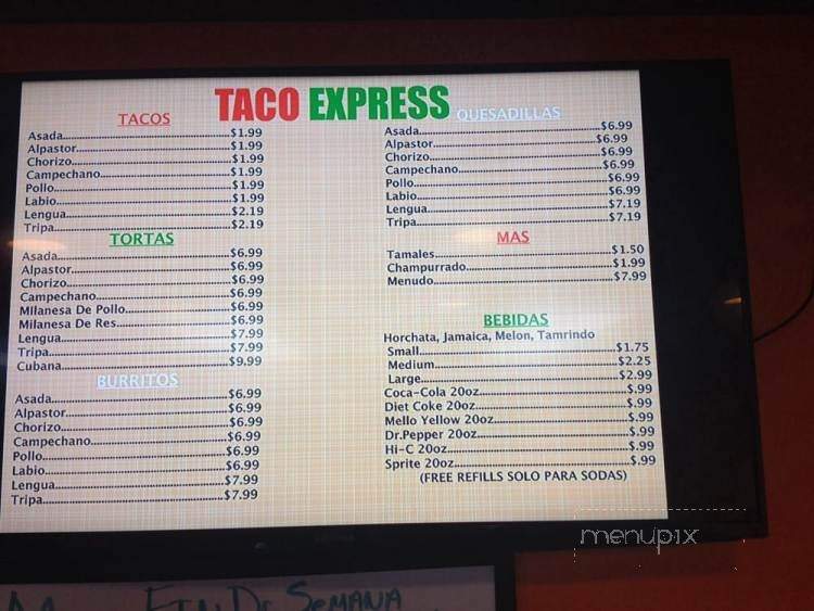 Taco on sale express menu