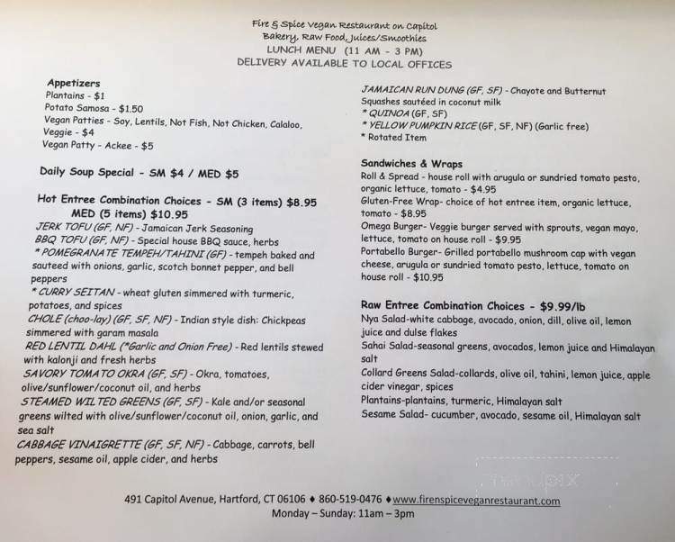 Fire & Spice Vegan Restaurant On Capitol - Hartford, CT menu_pic