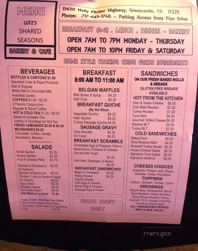 Lutz's Shared Seasons Bakery & Cafe - Greencastle, PA menu_pic