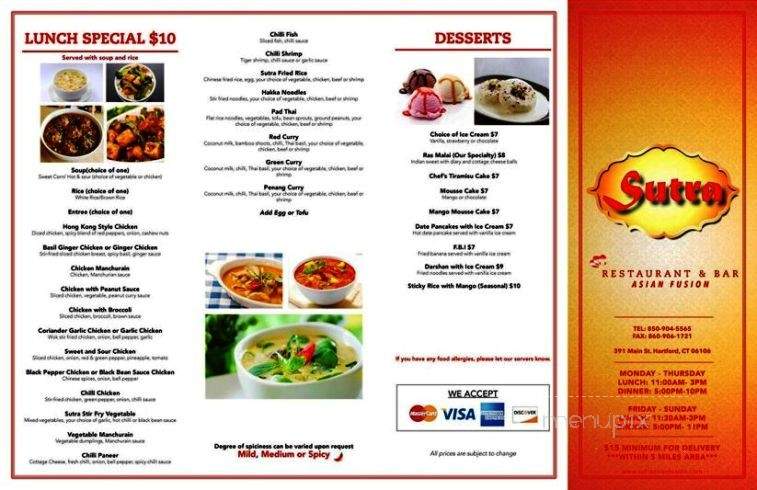 Sutra Fusion Restaurant and Bar - Hartford, CT menu_pic