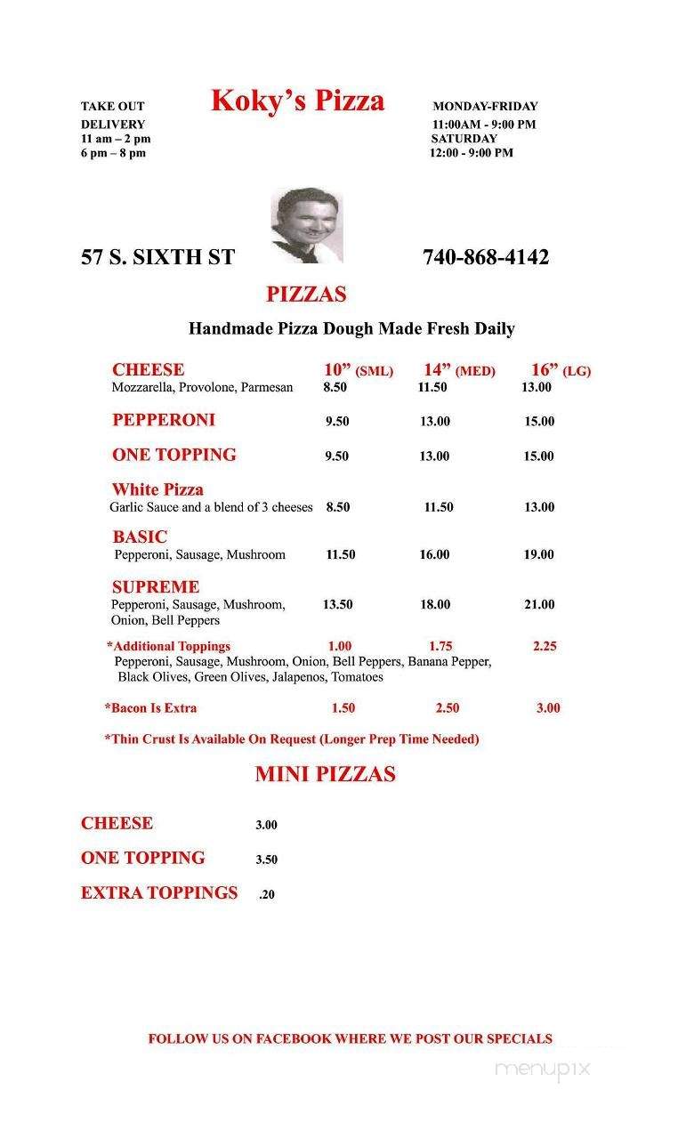 Koky's Pizza - Zanesville, OH menu_pic